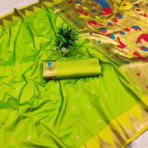 Pulsating Parrot Paithani Silk Saree With Enticing Blouse Piece