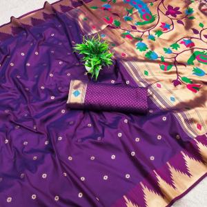 Ornate Purple Paithani Silk Saree With Unique Blouse Piece