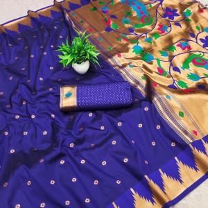Ebullience Royal Blue Paithani Silk Saree With Amiable Blouse Piece
