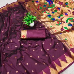Lovely Wine Paithani Silk Saree With Excellent Blouse Piece