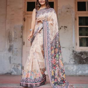 Printed Beige Linen Saree for Women with Multicolor Pallu and Ethnic Border – Lightweight Casual Wear