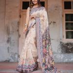 Printed Beige Linen Saree for Women with Multicolor Pallu and Ethnic Border – Lightweight Casual Wear