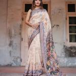 Printed Beige Linen Saree for Women with Multicolor Pallu and Ethnic Border – Lightweight Casual Wear