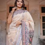 Printed Beige Linen Saree for Women with Multicolor Pallu and Ethnic Border – Lightweight Casual Wear