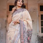 Printed Beige Linen Saree for Women with Multicolor Pallu and Ethnic Border – Lightweight Casual Wear