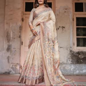 Printed Off White Linen Saree for Women with Multicolor Pallu and Ethnic Border – Lightweight Casual Wear