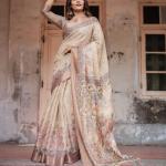 Printed Off White Linen Saree for Women with Multicolor Pallu and Ethnic Border – Lightweight Casual Wear