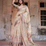 Printed Off White Linen Saree for Women with Multicolor Pallu and Ethnic Border – Lightweight Casual Wear