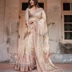 Printed Off White Linen Saree for Women with Multicolor Pallu and Ethnic Border – Lightweight Casual Wear