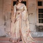 Printed Off White Linen Saree for Women with Multicolor Pallu and Ethnic Border – Lightweight Casual Wear