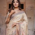 Printed Off White Linen Saree for Women with Multicolor Pallu and Ethnic Border – Lightweight Casual Wear