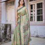 Printed Mint Green Linen Saree for Women with Multicolor Pallu and Ethnic Border – Lightweight Casual Wear