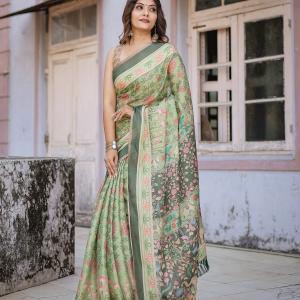Printed Mint Green Linen Saree for Women with Multicolor Pallu and Ethnic Border – Lightweight Casual Wear