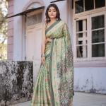 Printed Mint Green Linen Saree for Women with Multicolor Pallu and Ethnic Border – Lightweight Casual Wear