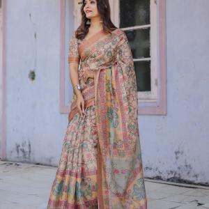 Printed Multicolor Linen Saree for Women with Multicolor Pallu and Ethnic Border – Lightweight Casual Wear