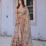 Printed Multicolor Linen Saree for Women with Multicolor Pallu and Ethnic Border – Lightweight Casual Wear