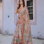 Printed Multicolor Linen Saree for Women with Multicolor Pallu and Ethnic Border – Lightweight Casual Wear