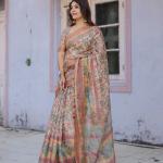 Printed Multicolor Linen Saree for Women with Multicolor Pallu and Ethnic Border – Lightweight Casual Wear