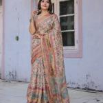 Printed Multicolor Linen Saree for Women with Multicolor Pallu and Ethnic Border – Lightweight Casual Wear