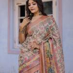 Printed Multicolor Linen Saree for Women with Multicolor Pallu and Ethnic Border – Lightweight Casual Wear