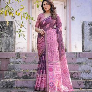 Printed Pink Linen Saree for Women with Multicolor Pallu and Ethnic Border – Lightweight Casual Wear