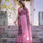 Printed Pink Linen Saree for Women with Multicolor Pallu and Ethnic Border – Lightweight Casual Wear