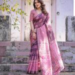 Printed Pink Linen Saree for Women with Multicolor Pallu and Ethnic Border – Lightweight Casual Wear