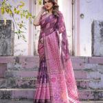 Printed Pink Linen Saree for Women with Multicolor Pallu and Ethnic Border – Lightweight Casual Wear
