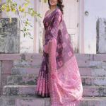 Printed Pink Linen Saree for Women with Multicolor Pallu and Ethnic Border – Lightweight Casual Wear