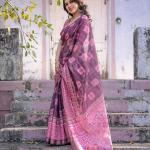 Printed Pink Linen Saree for Women with Multicolor Pallu and Ethnic Border – Lightweight Casual Wear