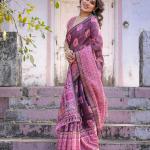 Printed Pink Linen Saree for Women with Multicolor Pallu and Ethnic Border – Lightweight Casual Wear