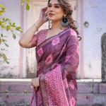 Printed Pink Linen Saree for Women with Multicolor Pallu and Ethnic Border – Lightweight Casual Wear