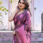 Printed Pink Linen Saree for Women with Multicolor Pallu and Ethnic Border – Lightweight Casual Wear