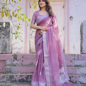 Elegant Mauve Linen Saree with White Lotus Print & Silver Zari Border