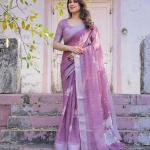 Elegant Mauve Linen Saree with White Lotus Print & Silver Zari Border