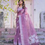 Elegant Mauve Linen Saree with White Lotus Print & Silver Zari Border