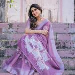 Elegant Mauve Linen Saree with White Lotus Print & Silver Zari Border