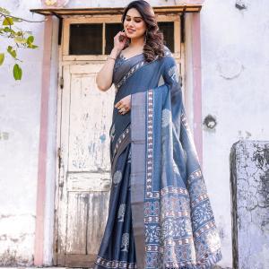 Printed Teal Blue Linen Saree for Women with Multicolor Pallu and Ethnic Border – Lightweight Casual Wear