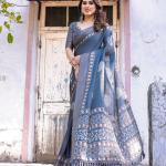 Printed Teal Blue Linen Saree for Women with Multicolor Pallu and Ethnic Border – Lightweight Casual Wear