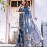 Printed Teal Blue Linen Saree for Women with Multicolor Pallu and Ethnic Border – Lightweight Casual Wear