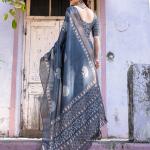 Printed Teal Blue Linen Saree for Women with Multicolor Pallu and Ethnic Border – Lightweight Casual Wear