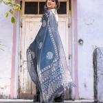 Printed Teal Blue Linen Saree for Women with Multicolor Pallu and Ethnic Border – Lightweight Casual Wear