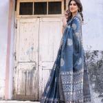 Printed Teal Blue Linen Saree for Women with Multicolor Pallu and Ethnic Border – Lightweight Casual Wear