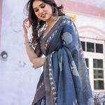 Printed Teal Blue Linen Saree for Women with Multicolor Pallu and Ethnic Border – Lightweight Casual Wear