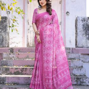 Elegant Pink Linen Saree with White Lotus Print & Silver Zari Border