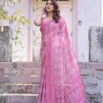 Elegant Pink Linen Saree with White Lotus Print & Silver Zari Border