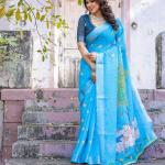 Elegant Sky Blue Linen Saree with White Lotus Print & Silver Zari Border