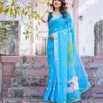 Elegant Sky Blue Linen Saree with White Lotus Print & Silver Zari Border