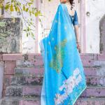 Elegant Sky Blue Linen Saree with White Lotus Print & Silver Zari Border