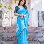 Elegant Sky Blue Linen Saree with White Lotus Print & Silver Zari Border